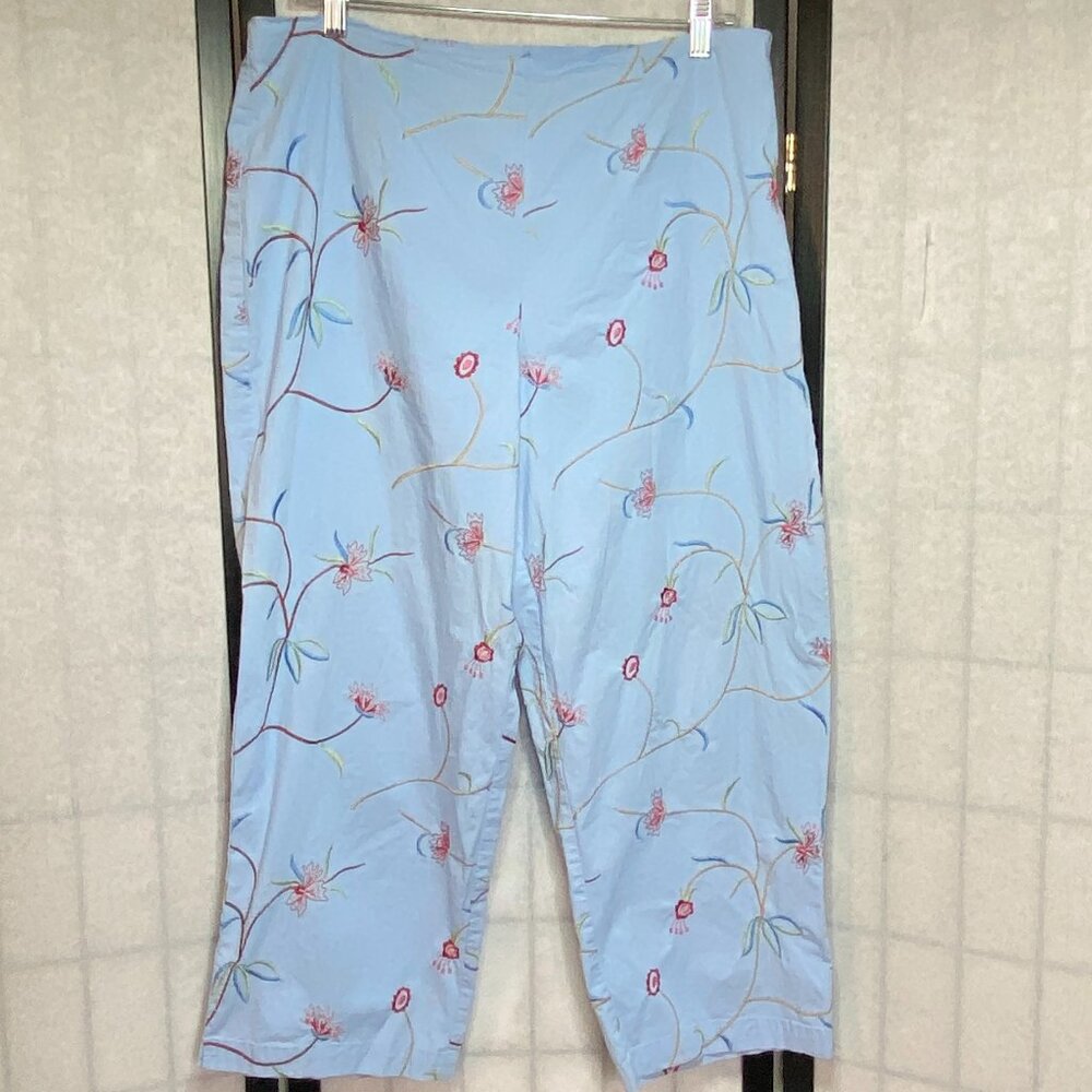 Hearts of Palm High Rise Tropical Embroidered Crop Pants 16 Blue Resort Vacation